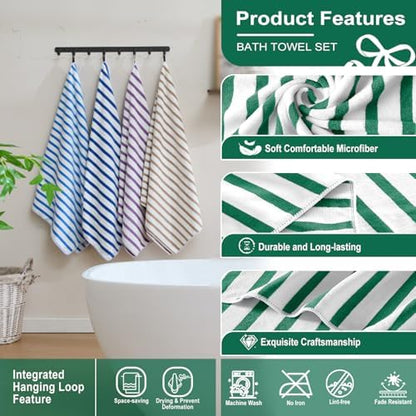 JML Microfiber Beach Towels, 4 Pack, 27" x 55", Cabana Stripe Green