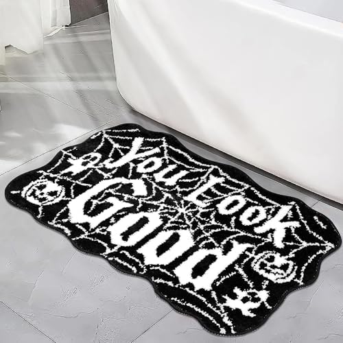 Meetory Halloween Bathroom Rug - Spider Web Bath Mat, Halloween Machine Washable Goth Bath Mat, Non-Slip Rugs, Area Rugs, Gothic Rug for Front Door, Bedroom, Living Home (Black)