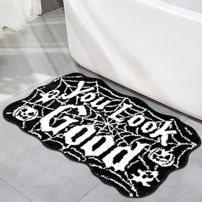 Meetory Halloween Bathroom Rug - Spider Web Bath Mat, Halloween Machine Washable Goth Bath Mat, Non-Slip Rugs, Area Rugs, Gothic Rug for Front Door, Bedroom, Living Home (Black)