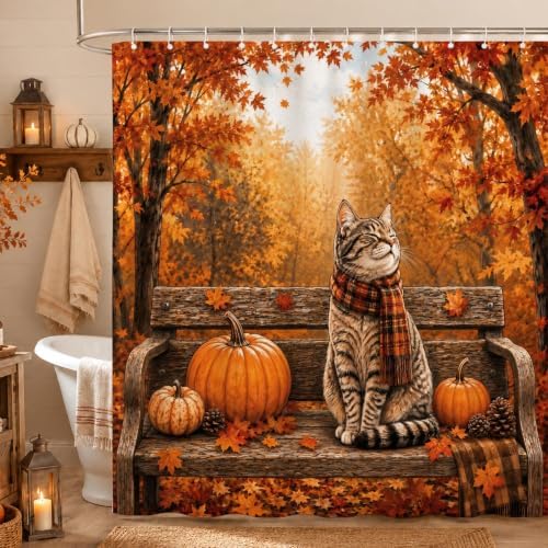 Fall Cat Shower Curtain, Autumn Forest Pumpkin Thanksgiving Bathroom Curtains, Rustic Farmhouse Maple Leaves Cozy Waterproof Polyester Fabric Shower Curtain with Hooks 72x72 Inch