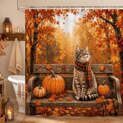 Fall Cat Shower Curtain, Autumn Forest Pumpkin Thanksgiving Bathroom Curtains, Rustic Farmhouse Maple Leaves Cozy Waterproof Polyester Fabric Shower Curtain with Hooks 72x72 Inch