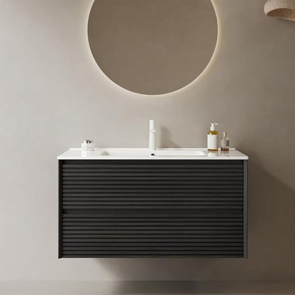 36" Floating Bathroom Vanity with Sink, Wall Mounted Modern Bathroom Cabinet with 2 Soft Close Drawers, Oak & Plywood, Pre-Assembled with Integrated Ceramic Basin – Sedona, Dark Oak