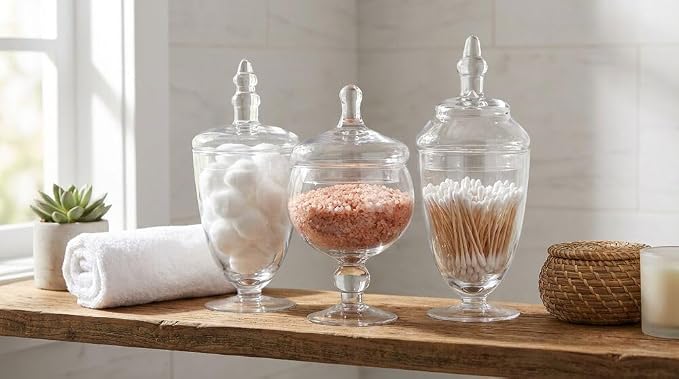 Elements Clear Glass Apothecary Jar Set of 3 with Lids - Decorative Glass Jars for Bathroom, Kitchen, Pantry Storage - Handcrafted, Graduated Heights 10, 9.5, 8.5 In