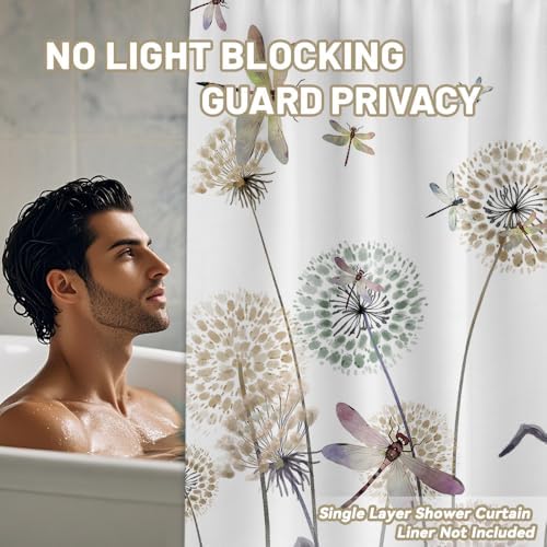 Tan Dandelion Shower Curtain Spring Dragonfly Light Brown and White Watercolor Shower Curtains for Bathroom Decor, Waterproof Cloth Fabric with Hooks 70" Wx72 L