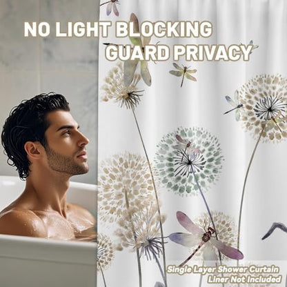 Tan Dandelion Shower Curtain Spring Dragonfly Light Brown and White Watercolor Shower Curtains for Bathroom Decor, Waterproof Cloth Fabric with Hooks 70" Wx72 L