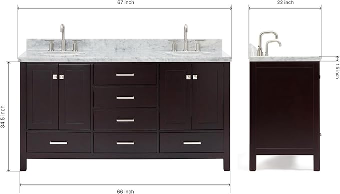 ARIEL Cambridge 66-inch Bathroom Vanity with Sink,Solid Wood, 1.5-inch Italian Carrara Marble Countertop & Backsplash, Double Oval Porcelain Sink, 4 Soft Closing Doors, 6 Dovetail Drawers, Espresso