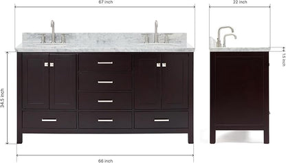 ARIEL Cambridge 66-inch Bathroom Vanity with Sink,Solid Wood, 1.5-inch Italian Carrara Marble Countertop & Backsplash, Double Oval Porcelain Sink, 4 Soft Closing Doors, 6 Dovetail Drawers, Espresso