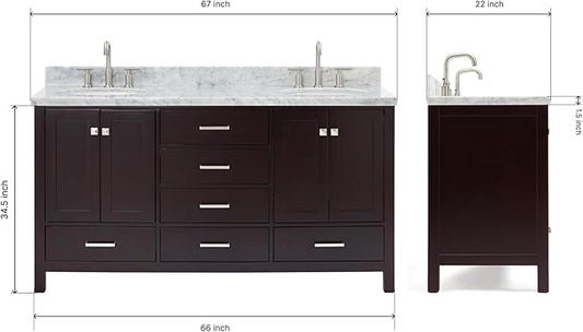 ARIEL Cambridge 66-inch Bathroom Vanity with Sink,Solid Wood, 1.5-inch Italian Carrara Marble Countertop & Backsplash, Double Oval Porcelain Sink, 4 Soft Closing Doors, 6 Dovetail Drawers, Espresso