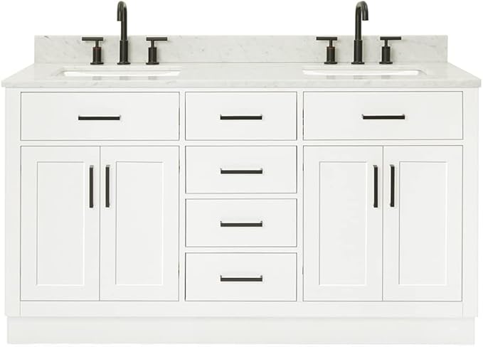 ARIEL Hepburn 60-inch Bathroom Vanity with Sink,Solid Wood, 0.75-inch Italian Carrara Marble Countertop, Double Rectangular Porcelain Sink, 4 Soft Closing Doors, 6 Dovetail Drawers, White