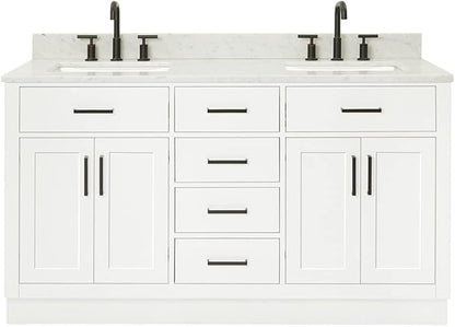 ARIEL Hepburn 60-inch Bathroom Vanity with Sink,Solid Wood, 0.75-inch Italian Carrara Marble Countertop, Double Rectangular Porcelain Sink, 4 Soft Closing Doors, 6 Dovetail Drawers, White