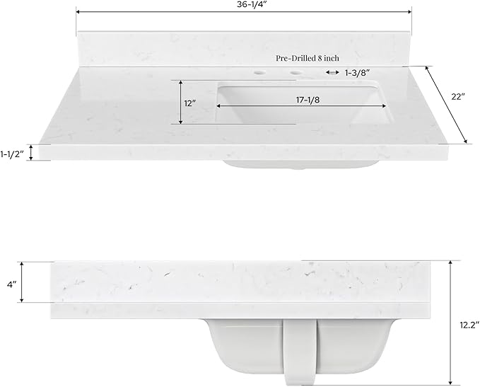 ARIEL 36 inch Bathroom Vanity top with Sink, 1.5 Inch Thick Miter Edge Carrara White Quartz top, Right Offset Vanity top with Rectangle Porcelain Sink, Includes Backsplash