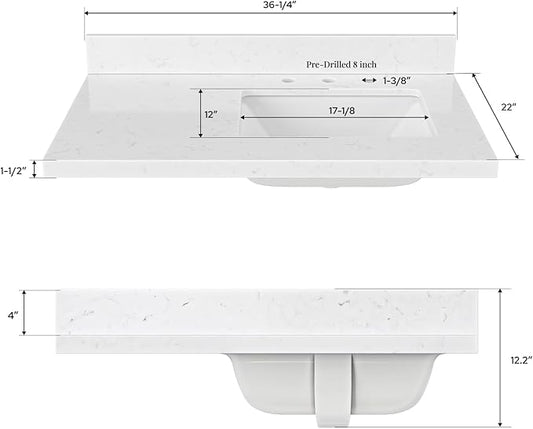 ARIEL 36 inch Bathroom Vanity top with Sink, 1.5 Inch Thick Miter Edge Carrara White Quartz top, Right Offset Vanity top with Rectangle Porcelain Sink, Includes Backsplash