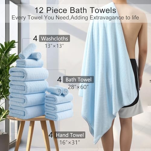 Hailea Luxury Bath Towels Set - 12 Piece (4 Large Bath Towels,4 Hand Towels,4 Washcloths), 100% Microfiber,Extra Absorbent Super Soft & Quick Dry,Complete Family Pack for Bathroom Gym Pool,Blue