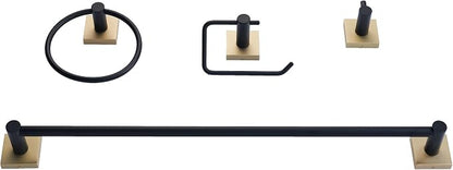 SENTO VINTO Bathroom Accessories Set, Heavy Duty Metal Bath Hardware Set Wall Mounted, Includes Robe Hook, Standard Toilet Paper Holder, Towel Ring, 24” Towel Bar (4-Piece, Matte Black+Satin Brass)