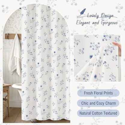 Dark Blue Floral Vintage Cotton Shower Curtain French Country 72Wx72H