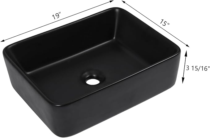 Black Bathroom Sink 19"x15" Vessel Sink Rectangule Bowl Sinks for Bathrooms Ceramic Above Counter Rectangular Vessel Bathroom Sink Porcelain Modern Large Sink Basin Lavatory Vanity Matte Black