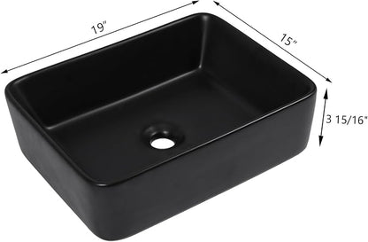 Black Bathroom Sink 19"x15" Vessel Sink Rectangule Bowl Sinks for Bathrooms Ceramic Above Counter Rectangular Vessel Bathroom Sink Porcelain Modern Large Sink Basin Lavatory Vanity Matte Black