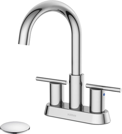 Hurran 4 Inch Bathroom Faucet for Sink 3 Hole, Chrome Bathroom Faucet with Pop-up Drain and 2 Supply Hoses,Stainless Steel Lead-Free 2-Handle Centerset Faucet for Sink Vanity RV