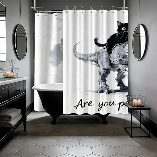 Extra Long Shower Curtain XL Black Cat Riding Dinosaur, 108 x 72 in