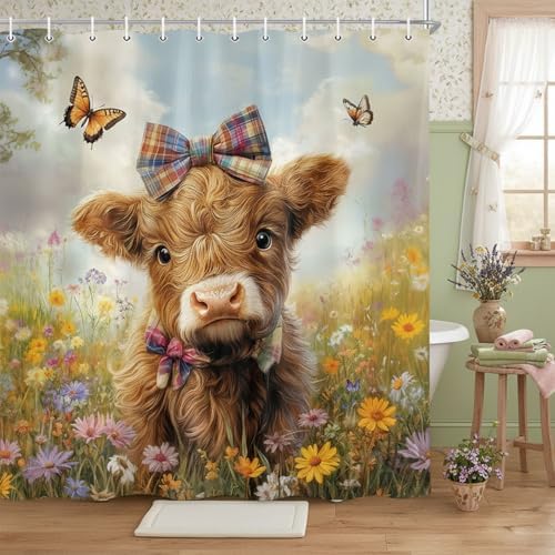 Cow Shower Curtain, Farmhouse Rustic Floral Funny Cute Highland Cow Shower Curtains, Western Cattle Bull Animal Wildflower Country Farm Animal Bathroom Decor, Surreal Bathroom Curtain, 36x72 inch