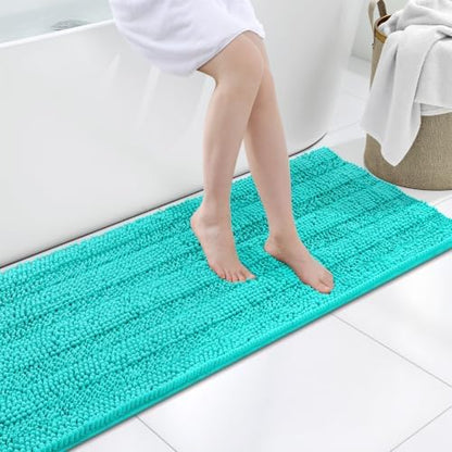 Grandaily Chenille Striped Bathroom Rugs 59x20, Extra Thick and Soft Absorbent Bath Mats, Rubber Backing, Plush Shaggy Shower Carpet, Machine Wash Dry, Bath Rug for Bathroom, Turquoise