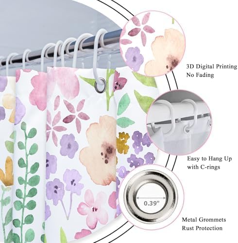 Pink Purple Cute Floral Boho Spring Kids Girls Bathroom Shower Curtain Set | 72"W x 72"H Wildflower Watercolor; waterproof HD print, quick-dry fabric with 12 hooks for easy hanging.