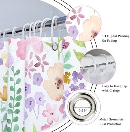 Pink Purple Cute Floral Boho Spring Kids Girls Bathroom Shower Curtain Set | 72"W x 72"H Wildflower Watercolor; waterproof HD print, quick-dry fabric with 12 hooks for easy hanging.