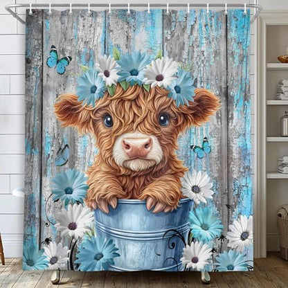 Rustic Farmhouse Shower Curtain, Farm Teal Daisy Floral Flowers and Butterfly on Country Wooden Shower Curtain for Bathroom, Country Blue Daisy Cute Highland Cow Curtain with 12PCS Hooks 70X70in