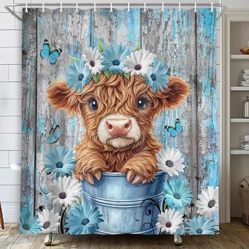 Rustic Farmhouse Shower Curtain, Farm Teal Daisy Floral Flowers and Butterfly on Country Wooden Shower Curtain for Bathroom, Country Blue Daisy Cute Highland Cow Curtain with 12PCS Hooks 36X72in