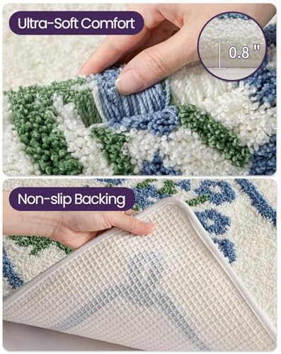 DEXI Floral Bathroom Rugs 43x24, Vintage Blue Bouquet Bath Mat Non Slip