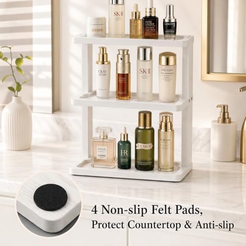 PEKER Bamboo Bathroom Organizer Countertop – Vanity Storage Shelf for Makeup, Perfume, Skincare – Natural Cosmetics Display Rack for Dresser, Sink, Kitchen – White