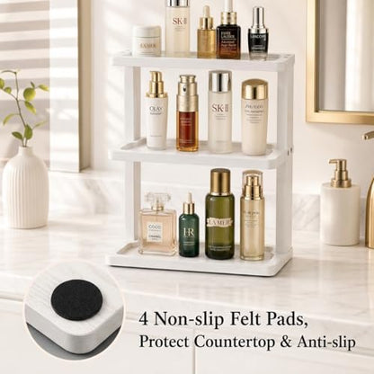 PEKER Bamboo Bathroom Organizer Countertop – Vanity Storage Shelf for Makeup, Perfume, Skincare – Natural Cosmetics Display Rack for Dresser, Sink, Kitchen – White