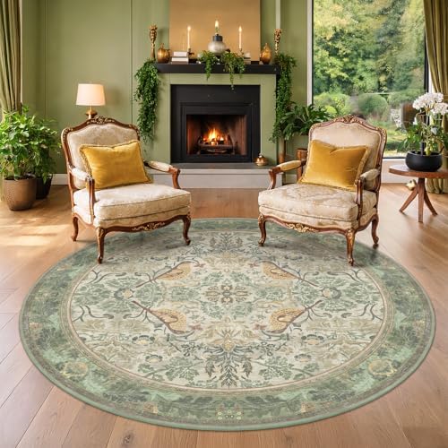 Hazo Haus Washable Sage Green 6ft Area Round Rug for Living Room - Vintage Circular Rug for Kids Bedroom, Dining Room, Office with Botanical Floral Bird Pattern, Low Pile Non Slip Stain Resistant