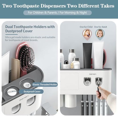 Toothbrush Holders Wall Mounted, Toothbrush Holder with Automatic Toothpaste Dispensers, 6 Brush Slots, 3 Magnetic Cups,1 Cosmetic Drawer Organizer and 1 Large Storage Tray