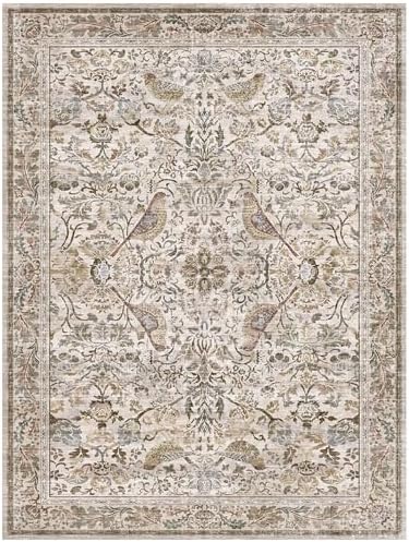 Washable 6x8 Floral Area Rug for Living Room, Boho Farmhouse Dining Room Rug, Low Pile Soft Bedroom Carpet, Moss Beige Home Décor, Non Slip & Stain Resistant