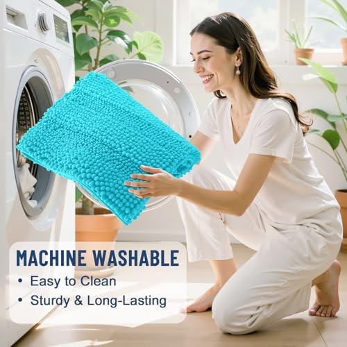 Grandaily Chenille Striped Bathroom Rugs 36x24, Extra Thick and Soft Absorbent Bath Mats, Rubber Backing, Plush Shaggy Shower Carpet, Machine Wash Dry, Bath Rug for Bathroom, Aqua Sky