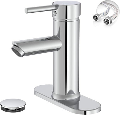 Chrome Bathroom Faucet for 1 or 3 Holes, Brass | Single Handle Bathroom Sink Faucets Modern Commercial Lavatory Vanity Faucet with Deck Plate and Supply Line Pop Up Drain