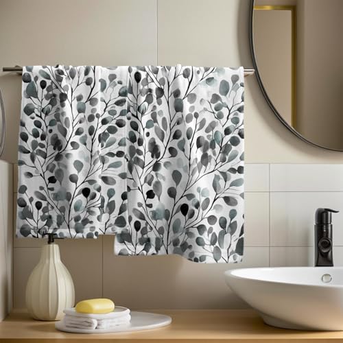 Grey Leaves Hand Towels Set of 2, 14x28 Inch Botanical Boho Gray Green Plant Leaf Absorbent Soft Fingertip Face Tea Towel Cloth for Kitchen Bathroom Gym Hotel Decor
