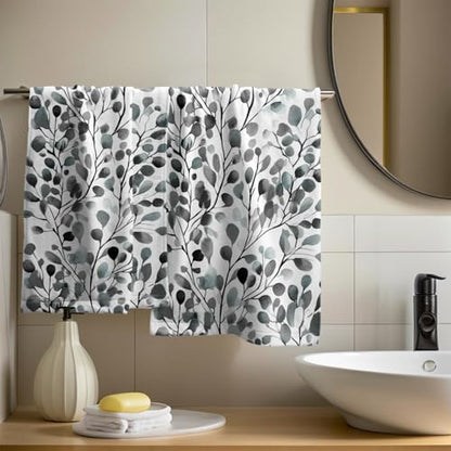 Grey Leaves Hand Towels Set of 2, 14x28 Inch Botanical Boho Gray Green Plant Leaf Absorbent Soft Fingertip Face Tea Towel Cloth for Kitchen Bathroom Gym Hotel Decor