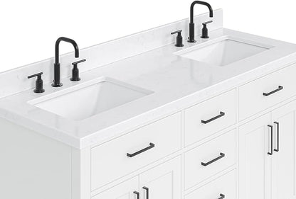 ARIEL Hepburn 60-inch Bathroom Vanity with Sink,Solid Wood, 1.5-inch Carrara White Quartz Countertop & Backsplash, Double Rectangular Porcelain Sink, 4 Soft Closing Doors, 6 Dovetail Drawers, White