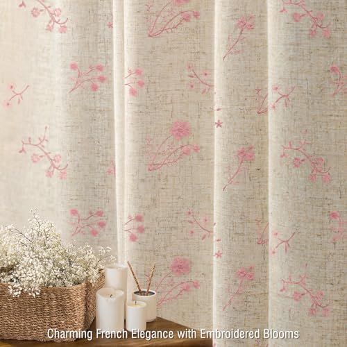 Pink Floral Vintage Linen Shower Curtain Embroidered Textured 72Wx72H