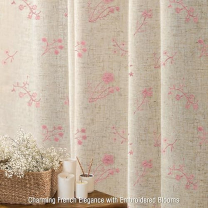 Pink Floral Vintage Linen Shower Curtain Embroidered Textured 72Wx72H