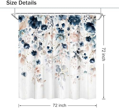 Rustic Floral Spring Summer Blue Pink Bathroom Shower Curtain Set