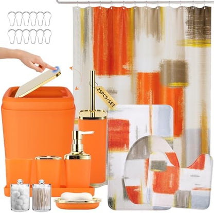 XLHOMO Bathroom Accessories Set - 25PC Bathroom Set with Shower Curtain and Rugs, Orange Bathroom Set, Bathroom Accessory Set with Press-on Lid Trash Can, Soap Dispenser and Qtip Holders for Home