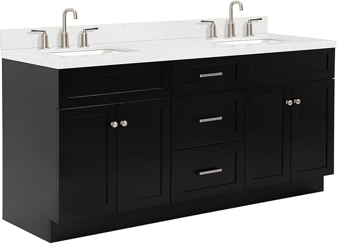 ARIEL Hamlet 72-inch Bathroom Vanity with Sink,Solid Wood, 1.5-inch Carrara White Quartz Countertop & Backsplash, Double Rectangular Porcelain Sink, 4 Soft Closing Doors, 3 Dovetail Drawers, Black