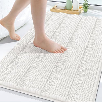 Grandaily Chenille Striped Bathroom Rugs 30x20, Extra Thick and Absorbent Bath Mats, Non-Slip Soft Plush Shaggy Shower Carpet, Machine Wash Dry, Bath Rug for Bathroom, (Medium, Cream)