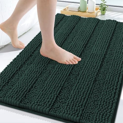 Grandaily Chenille Striped Bathroom Rugs 30x20, Extra Thick and Absorbent Bath Mats, Non-Slip Soft Plush Shaggy Shower Carpet, Machine Wash Dry, Bath Rug for Bathroom, (Medium, Dark Green)