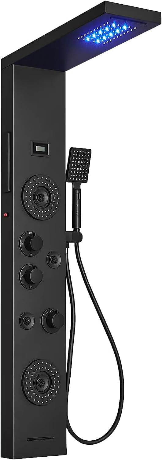 6 in 1 Shower Panel Tower System, Rainfall Shower Panels Set w/LED and Digital Display Stainless Steel Shower Tower with Waterfall Tub Spout 2-Type Massage Jets Handheld Head Matte Black