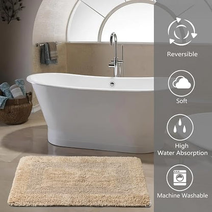 KEMA Soft 100% Cotton Linen Bath Mat 17"x24" - Regular Use Rectangular Spa Mat Rug Plush Water Absorbent, Decorative Border for Bathroom Vanity, Bathtub/Shower - Machine Washable - 1 Pack