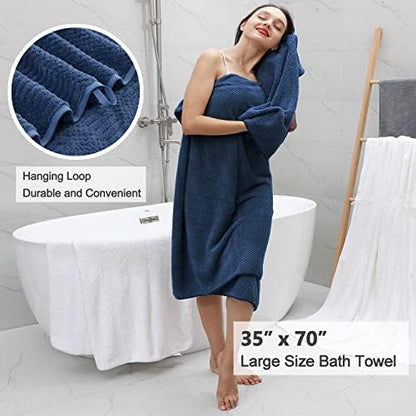 8 Pcs Navy Oversized Bath Towel Set-2 Extra Large Bath Sheets,2 Hand Towels,4 Washcloths Soft Bathroom Towels Highly Absorbent Quick Dry Beach Chair Towels Woven Towels for Hotel and Spa